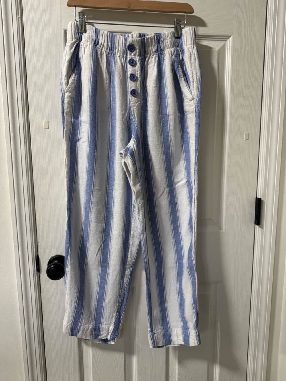 LOFT Outlet High Rise Straight Linen Blend Striped Pants - Size S
